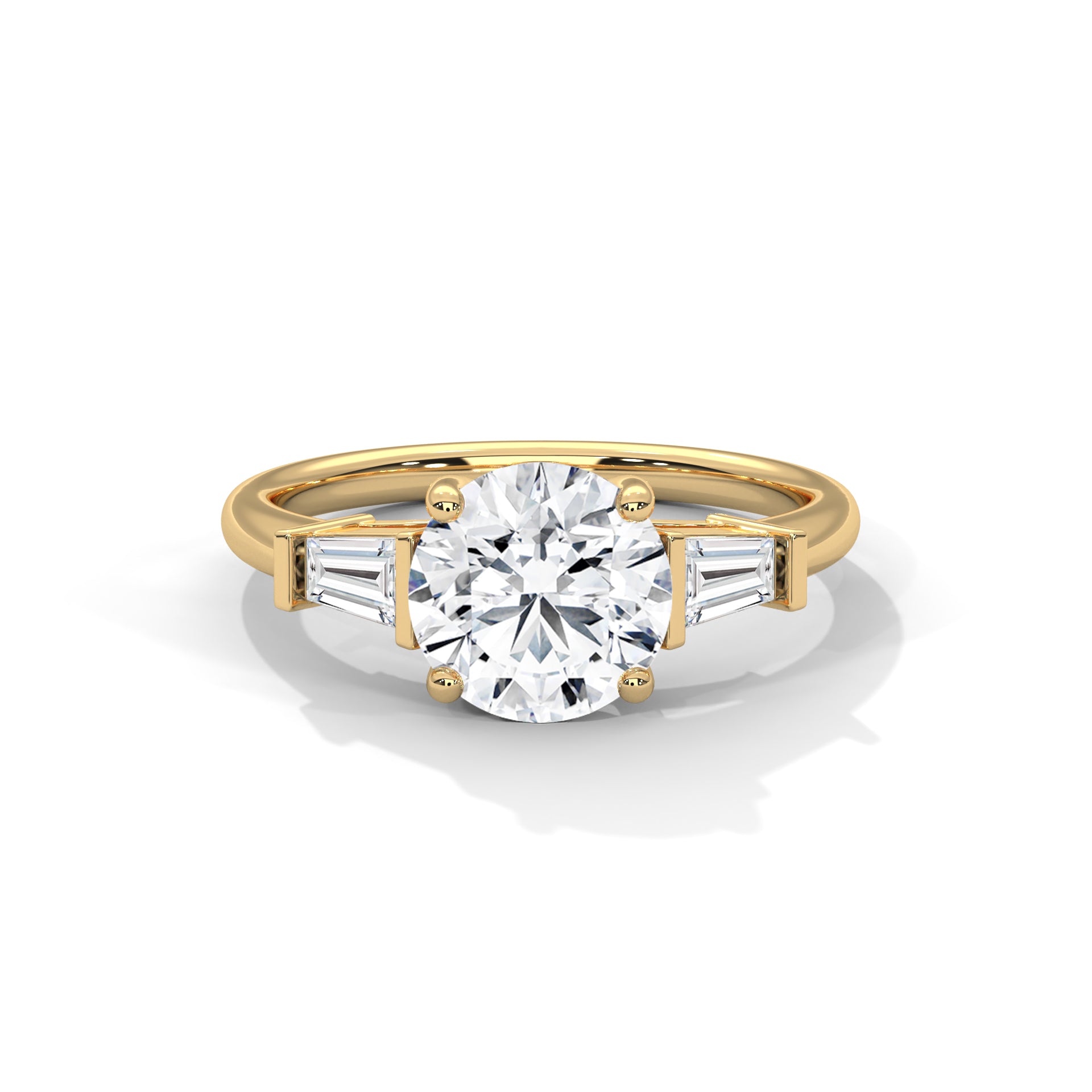 Round Three-Stone Engagement Ring with Tapered Baguettes