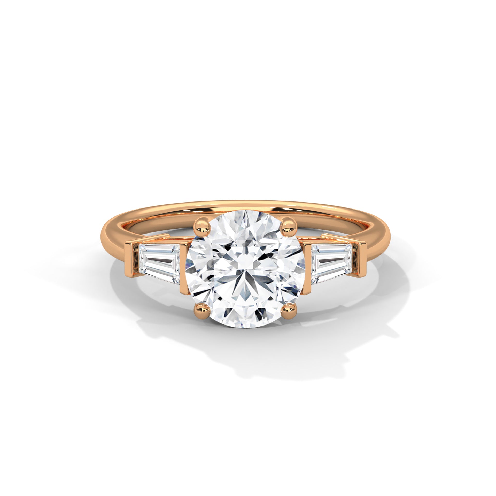 Round Three-Stone Engagement Ring with Tapered Baguettes