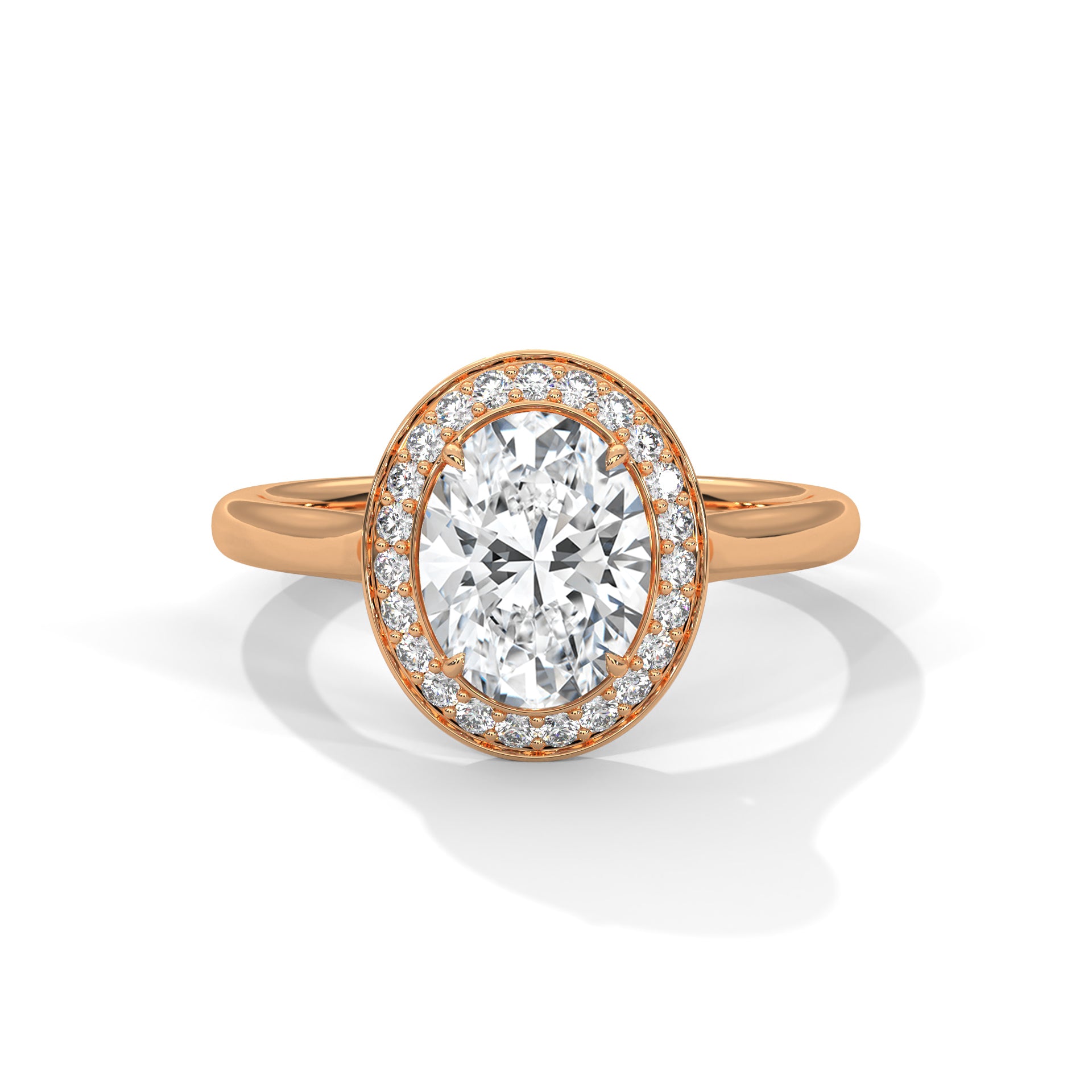Rose gold ring with a large diamond and smaller diamonds around on a white background