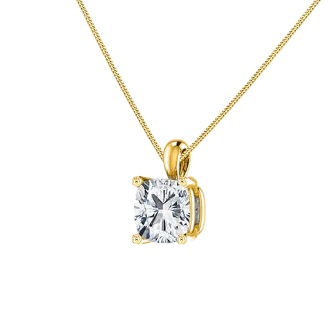 Gold necklace with a clear gemstone pendant on a white background
