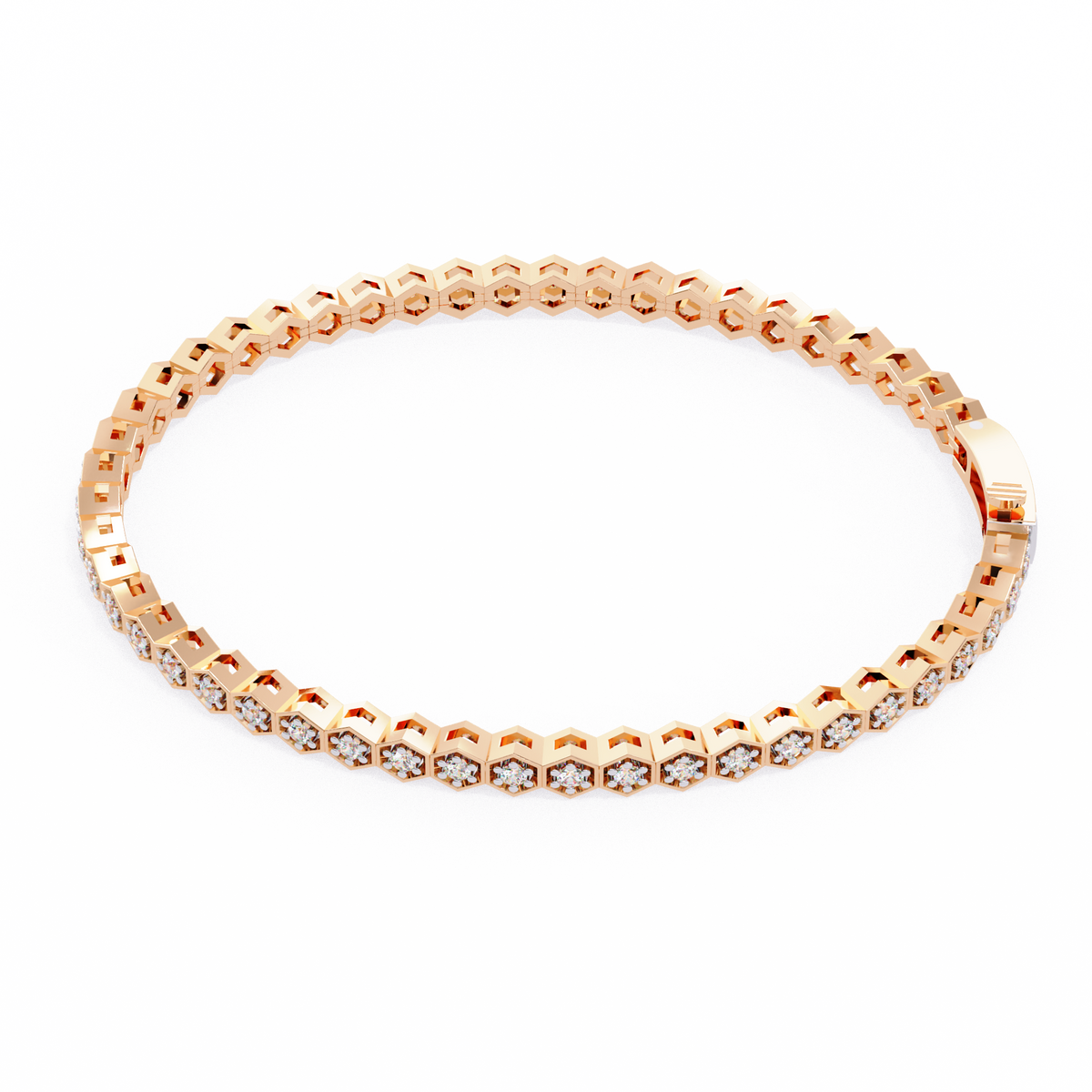 Rose gold bracelet with small diamonds on a white background