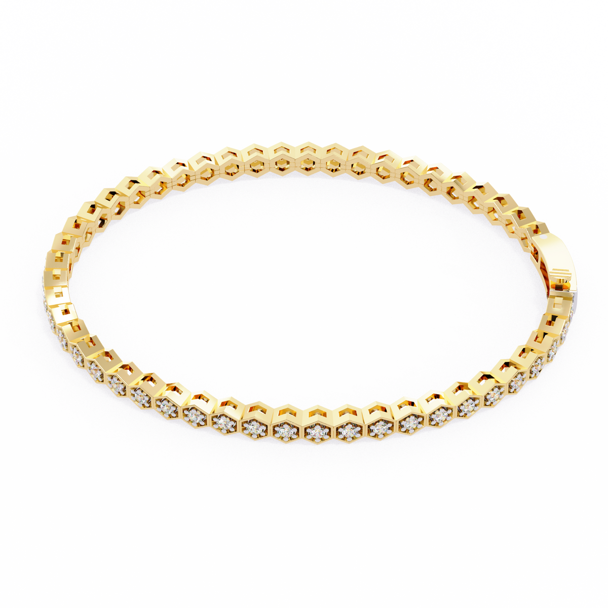 Gold bracelet with embedded diamonds on a white background