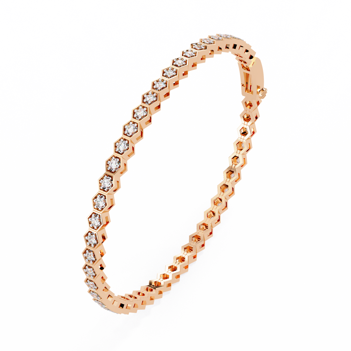 Rose gold bracelet with diamond accents on a white background