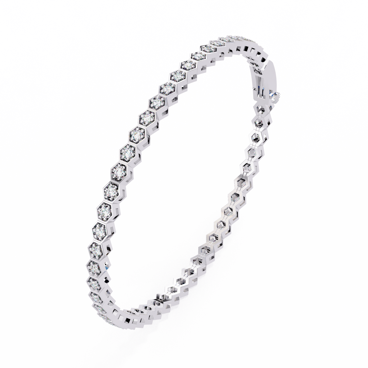 Silver bracelet with clear gemstones on a white background
