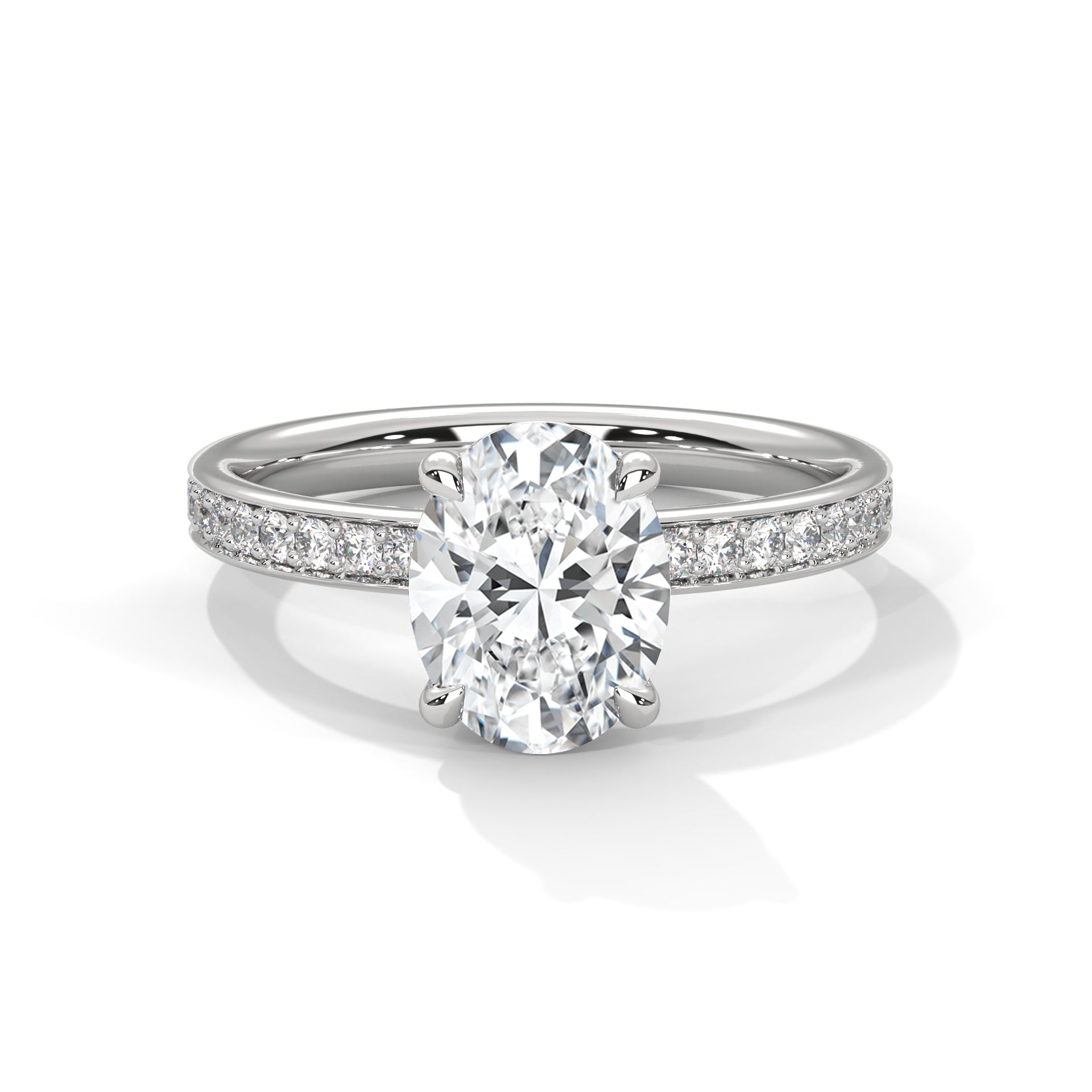 Diamond ring with a white gold band on a white background