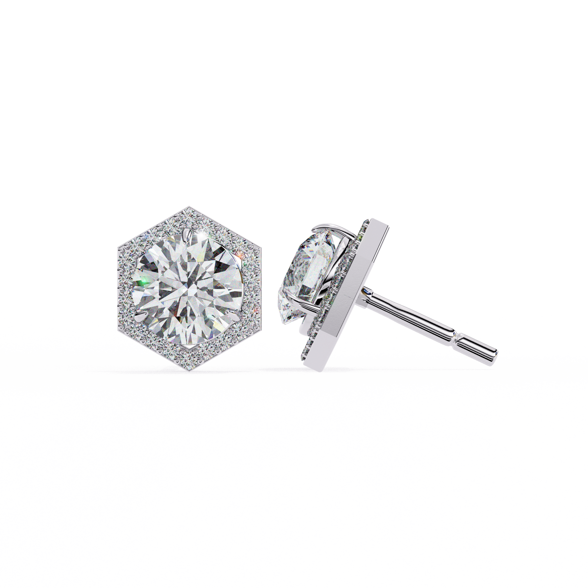 Round Lab-Grown Diamond Hexagon Halo Stud Earrings