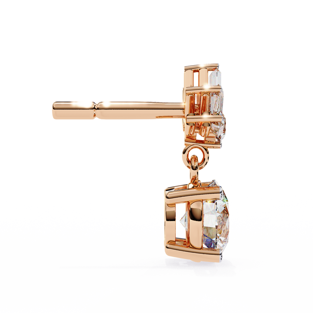 Rose gold earring with a clear gemstone on a white background