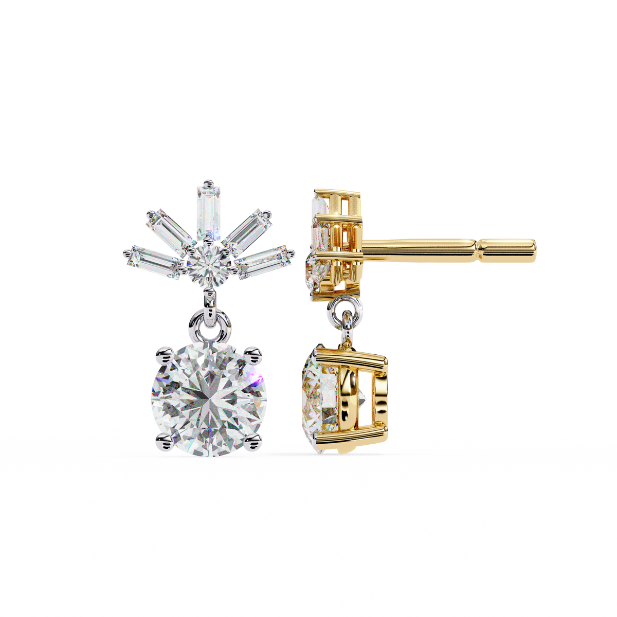 Round & Baguette Lab Grown Diamond Sunburst Drop Earrings 0.86 CT