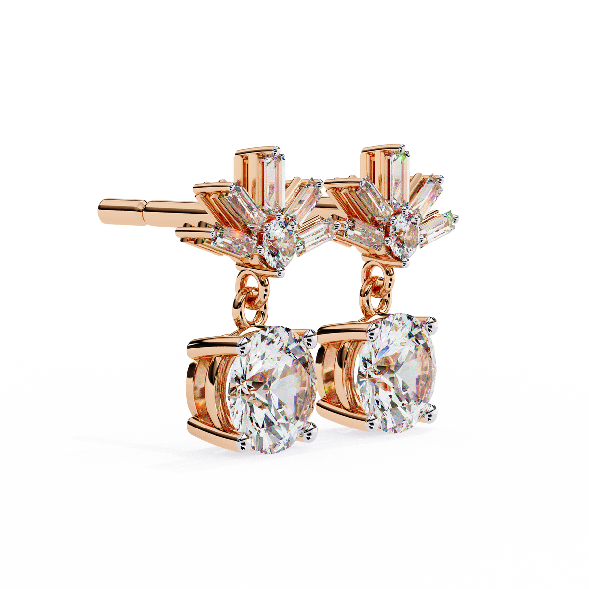 Rose gold earrings with clear gemstones on a white background