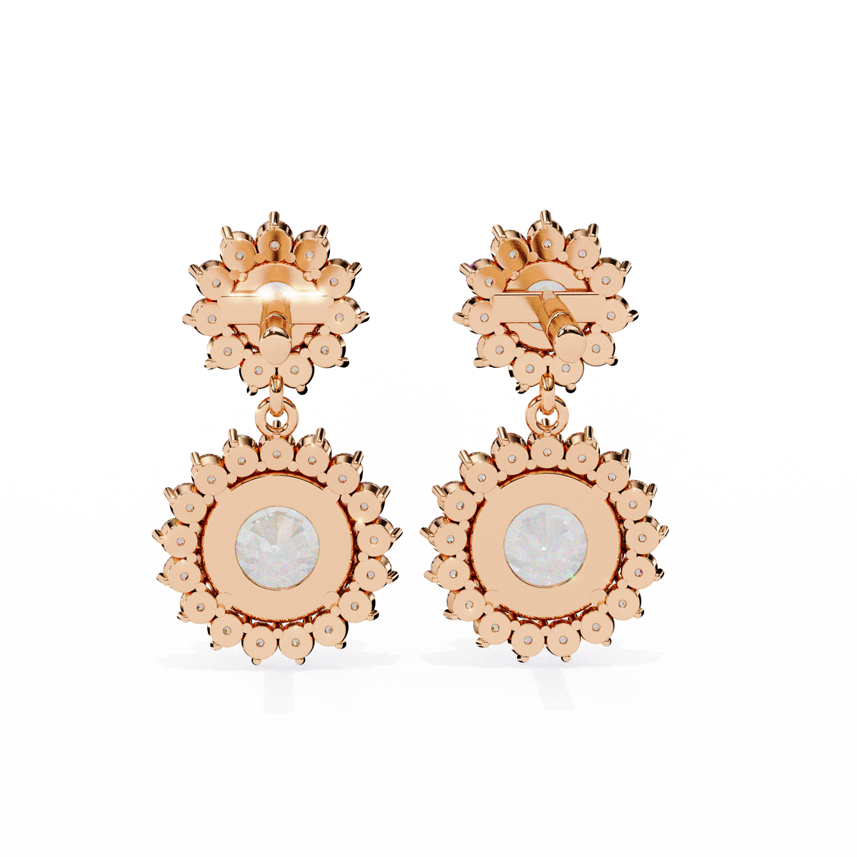 Rose gold floral earrings with circular center on a white background