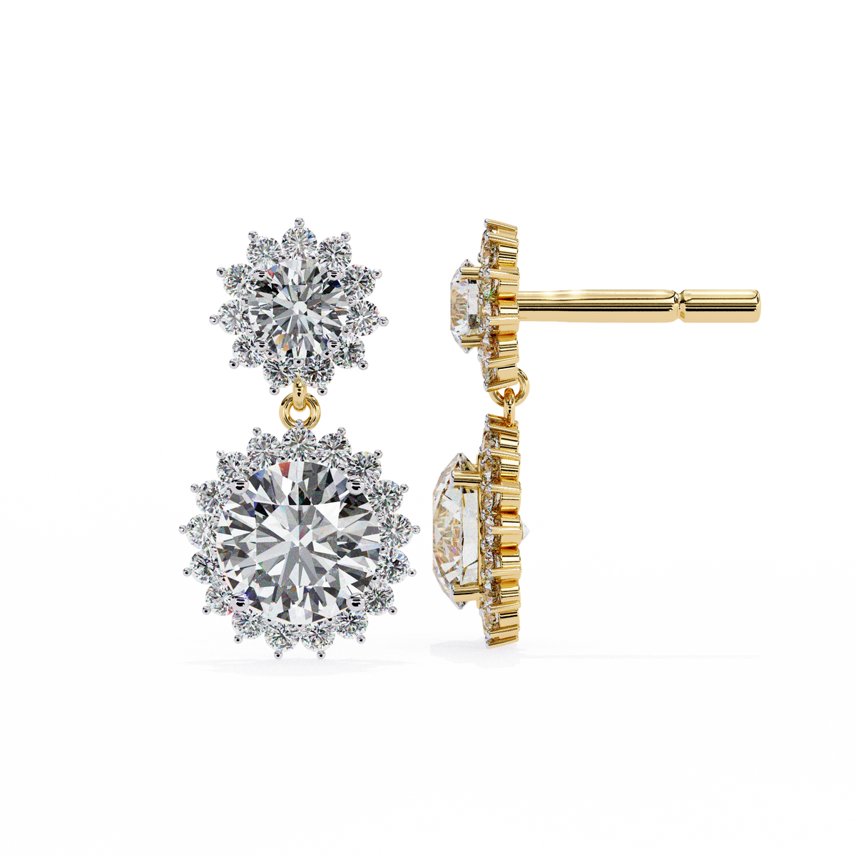 Round Lab Grown Diamond Double Floral Halo Drop Earrings 1.37 CT
