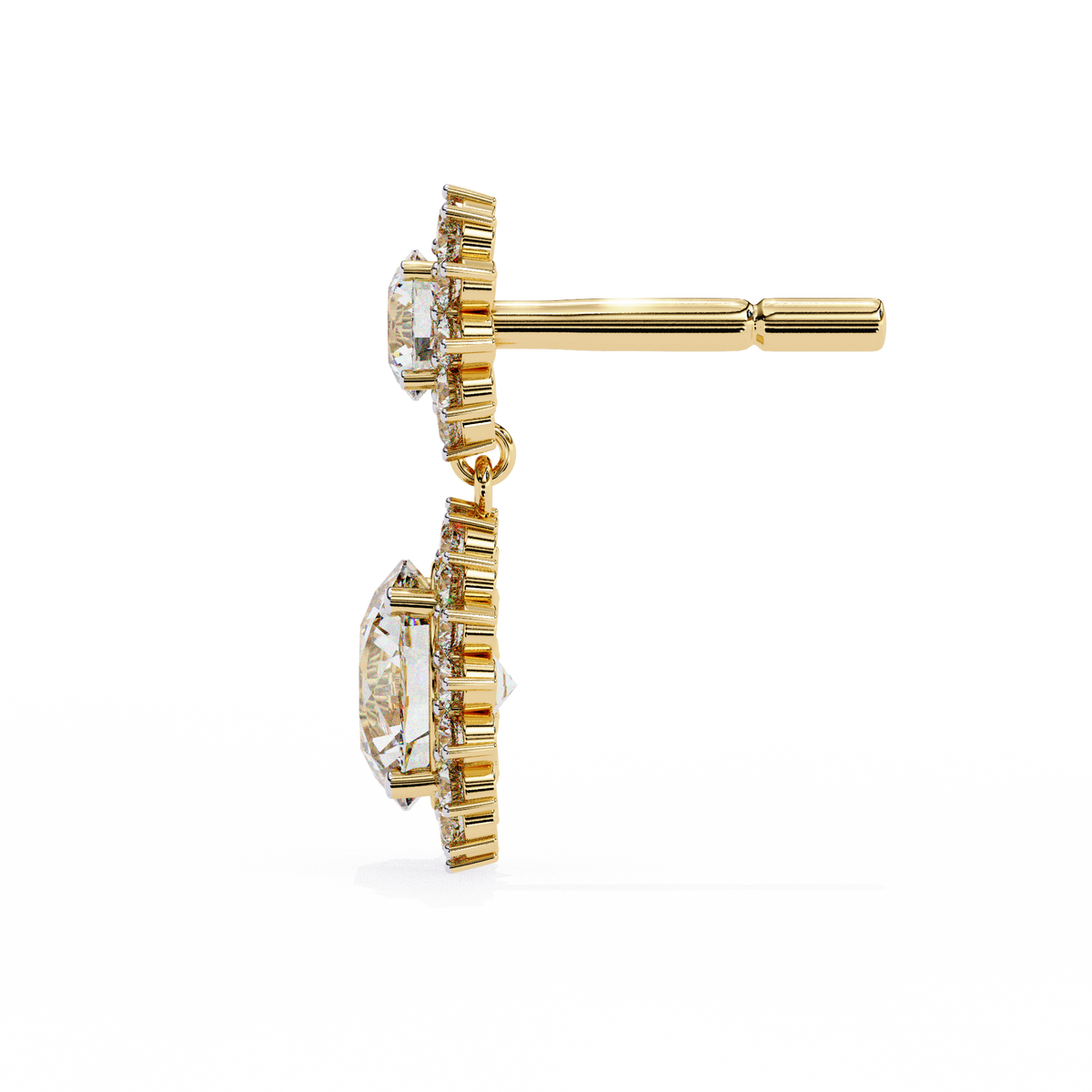 Gold earring with clear gemstone on a white background