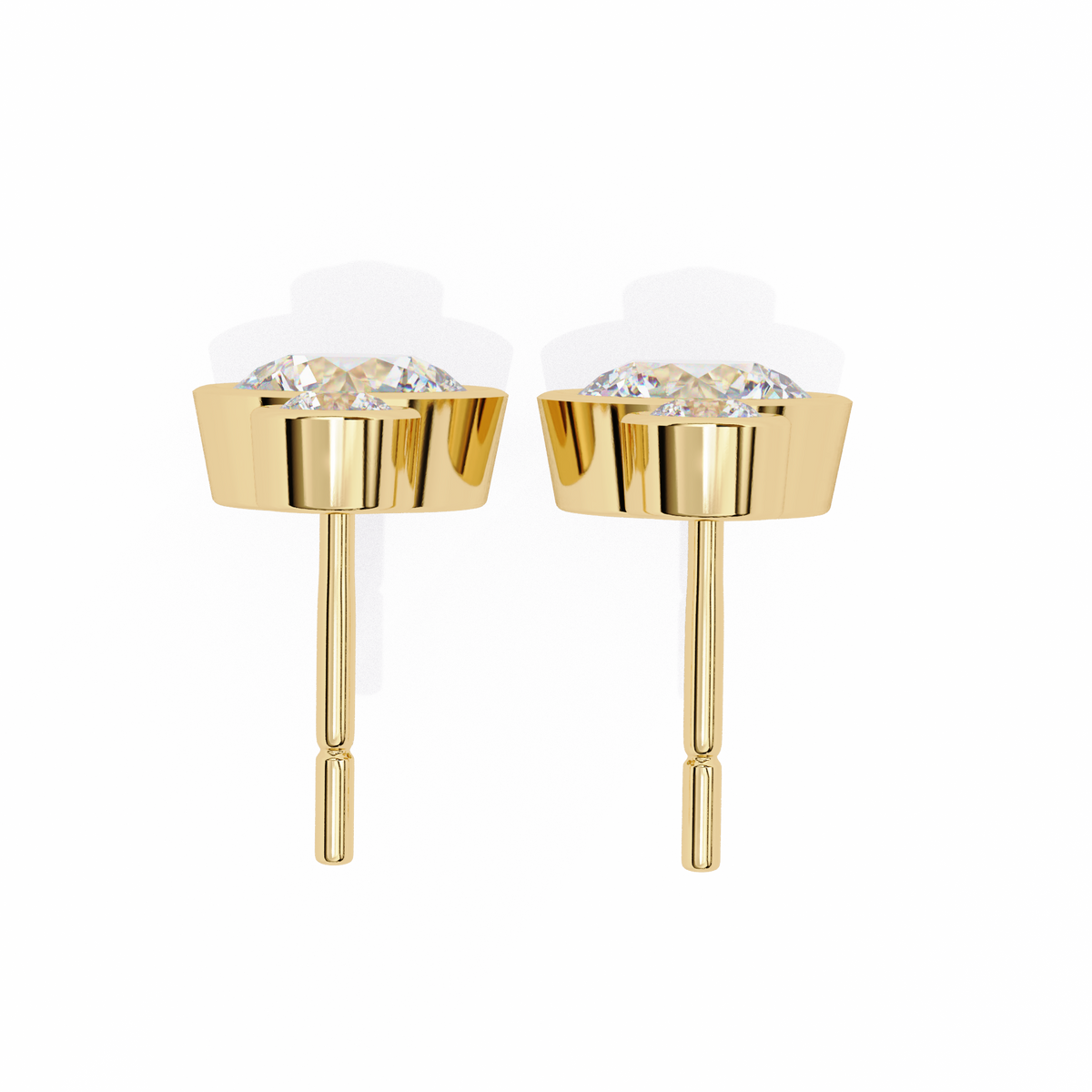 Gold earrings with clear gemstones on a white background