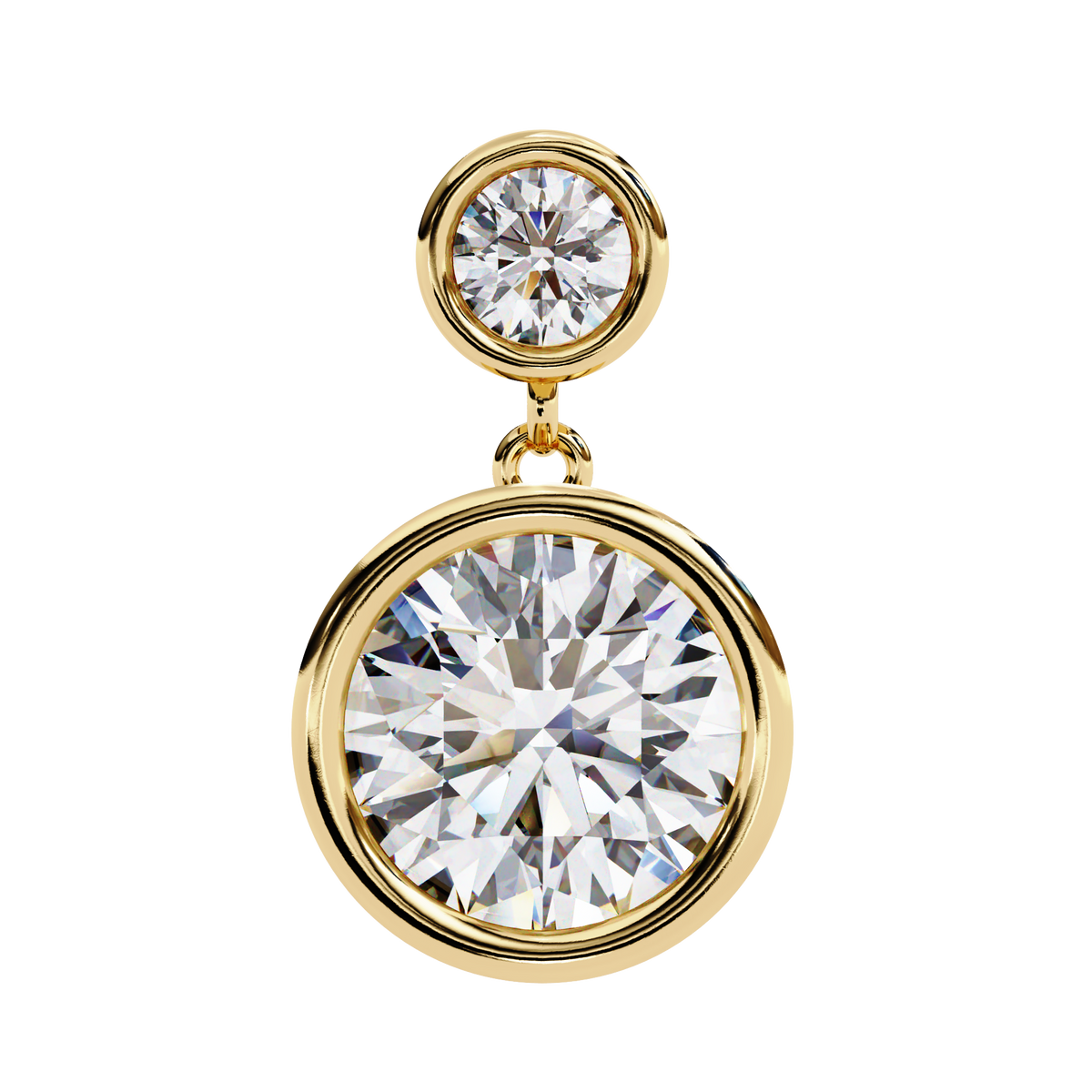 Gold earring with two large diamonds on a white background