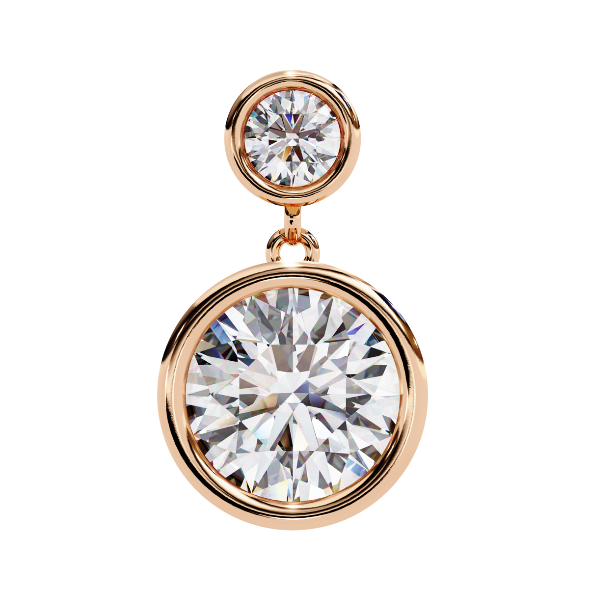 Rose gold earring with two large clear gemstones on a white background
