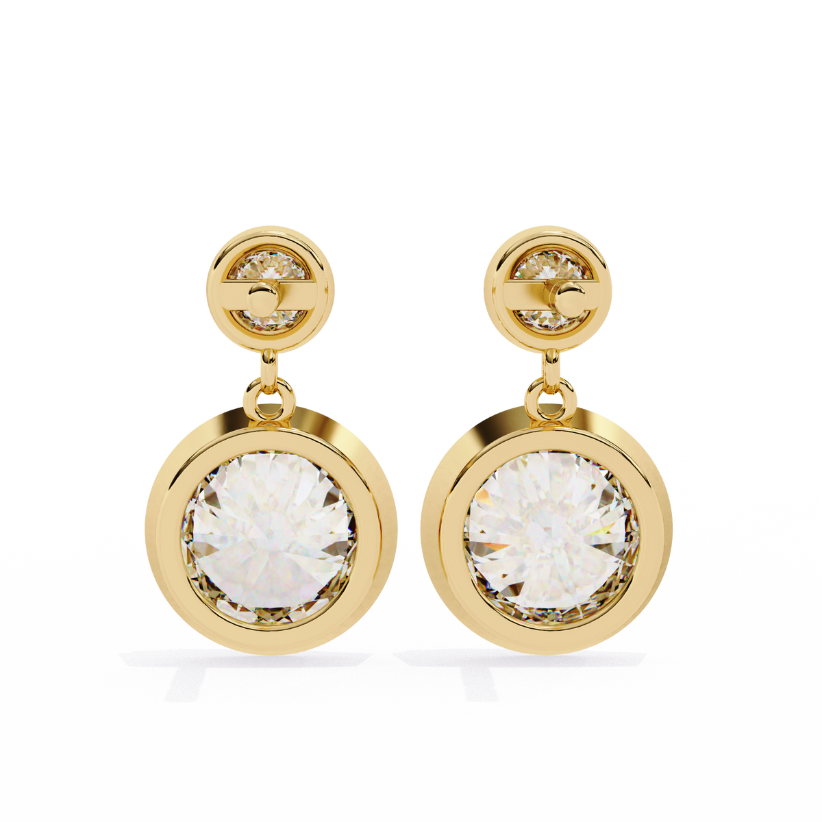 Rose gold earrings with large clear gemstones on a white background