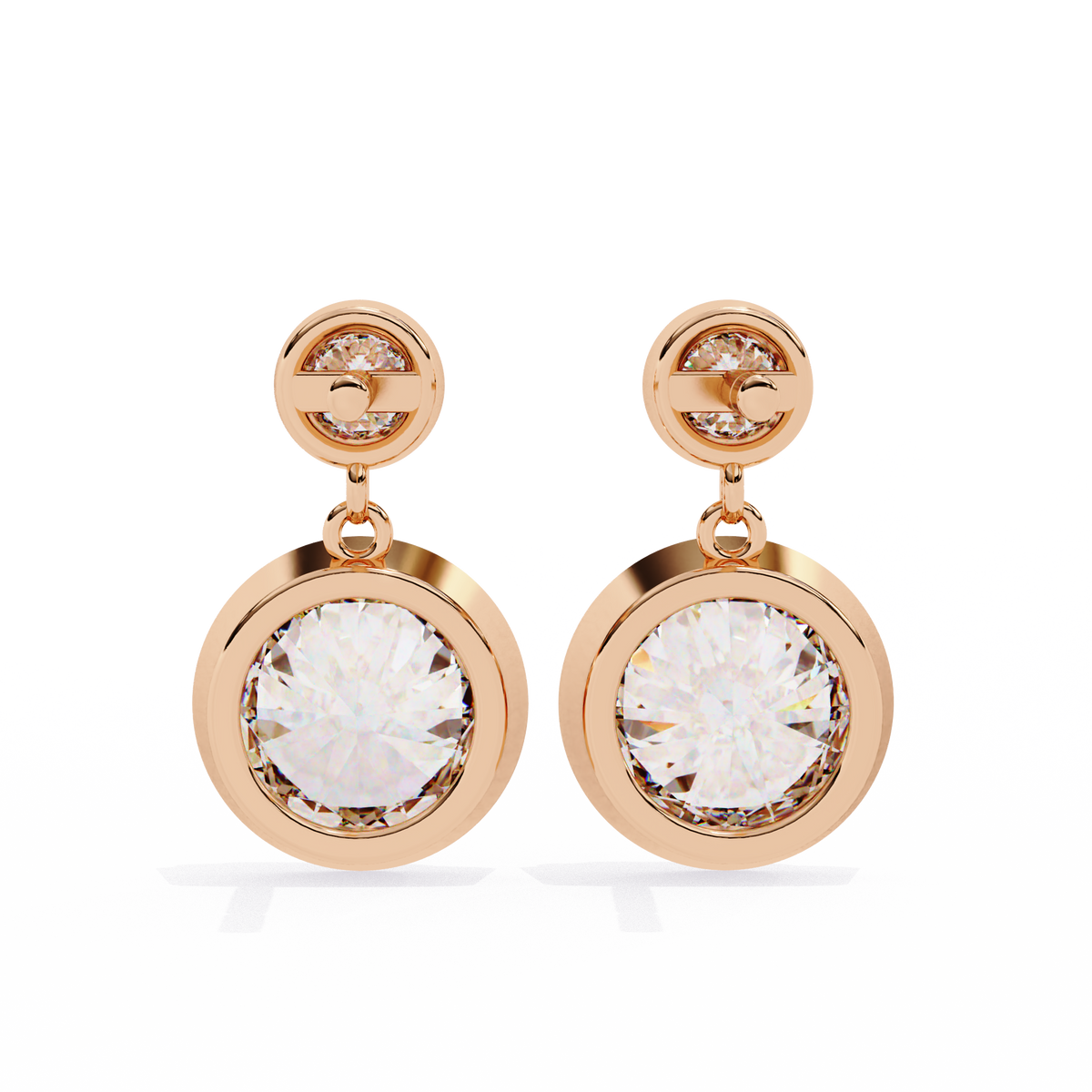 Rose gold earrings with large clear gemstones on a white background