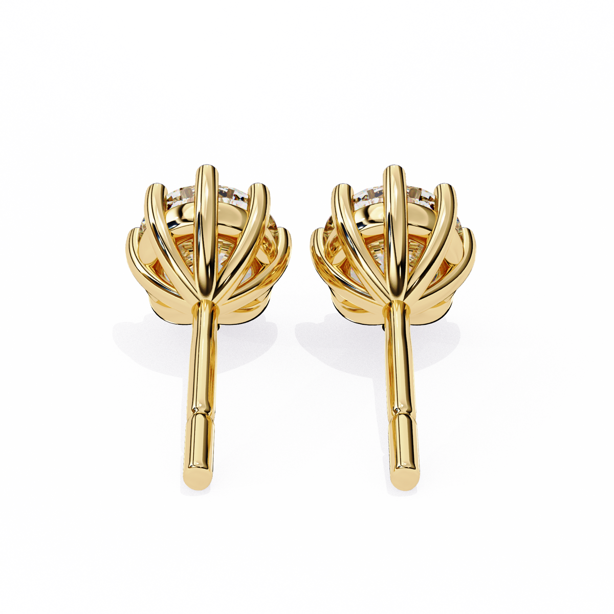 Gold earrings with a fan-like design on a white background