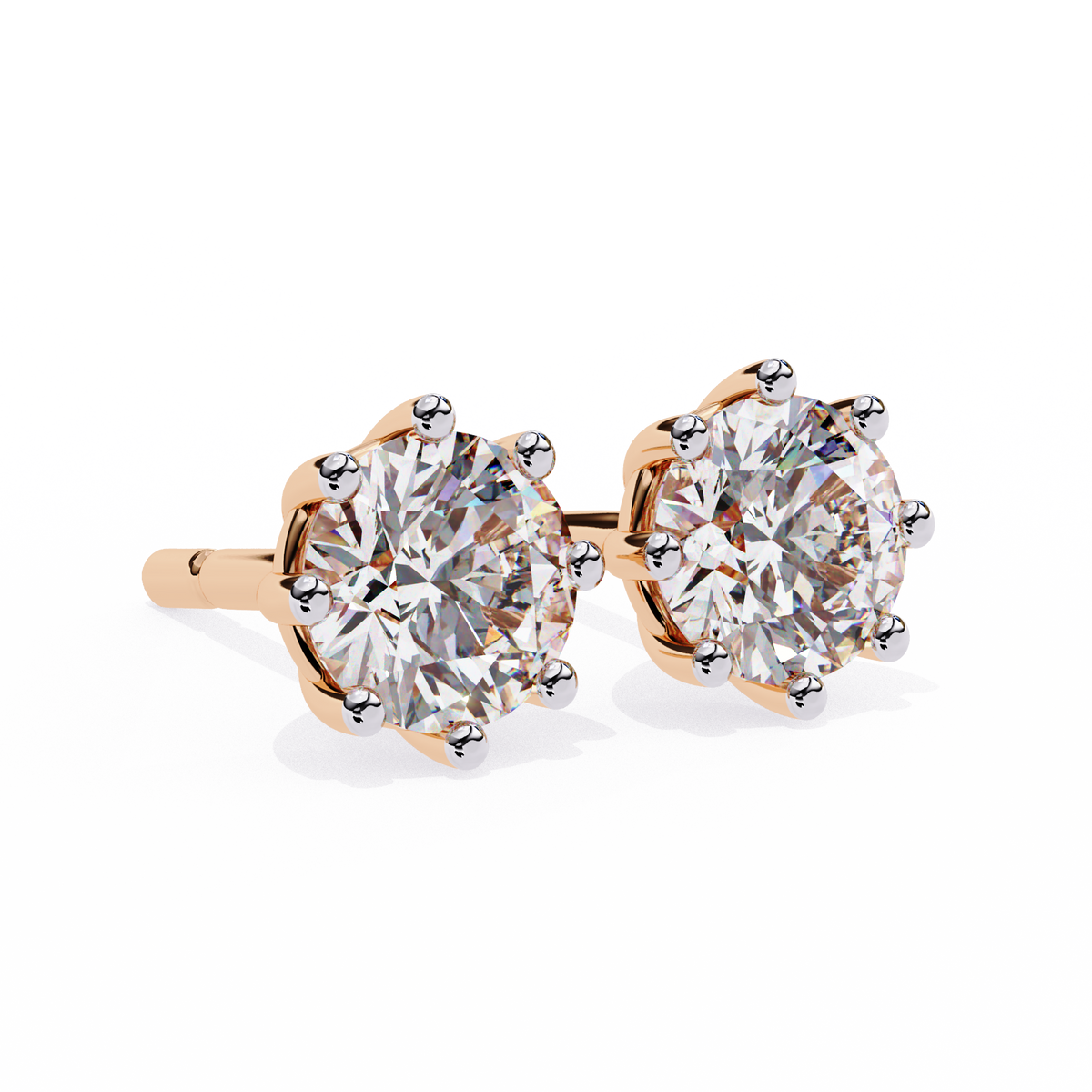 Rose gold diamond stud earrings on a white background