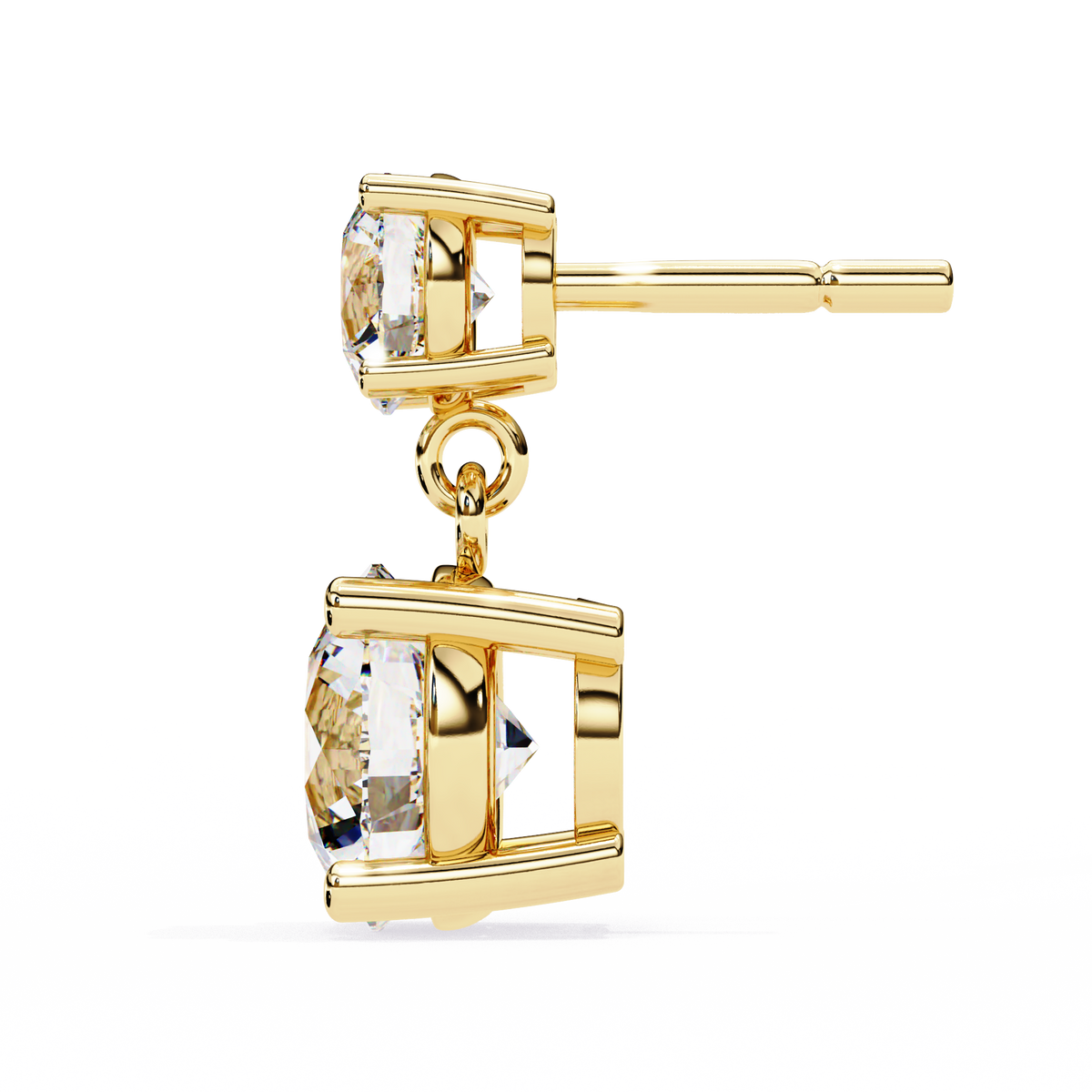 Gold earrings with clear gemstones on a white background