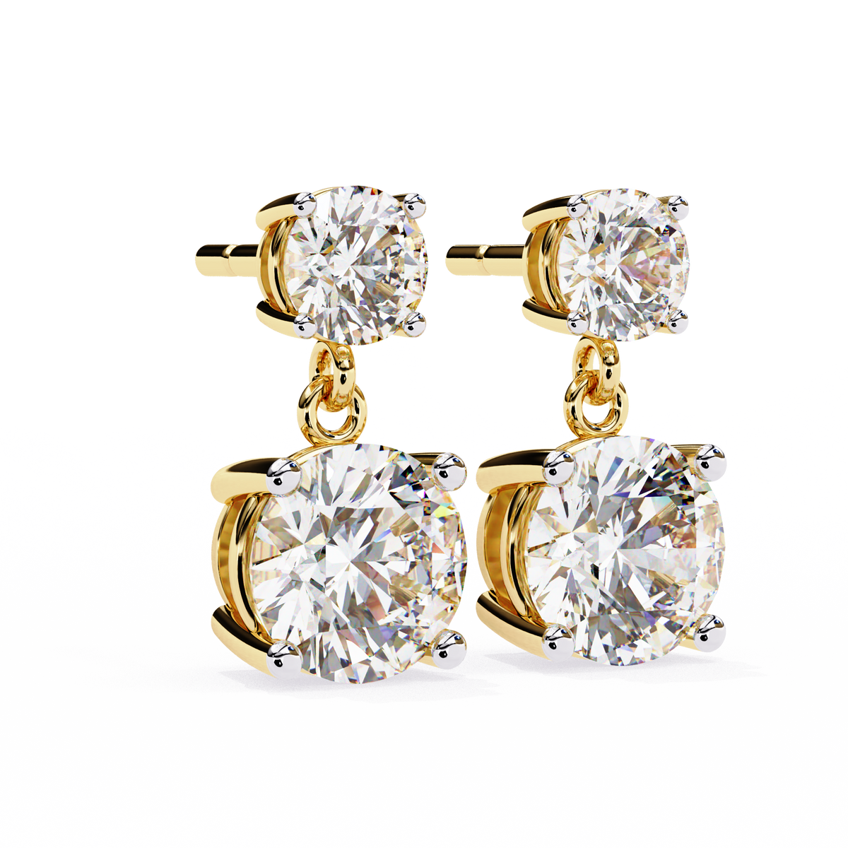 Gold earrings with clear gemstones on a white background