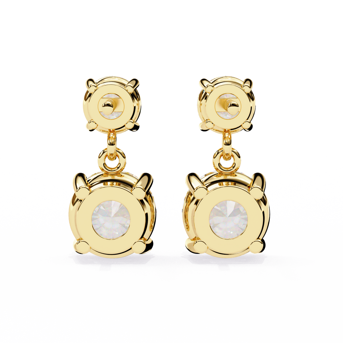 Gold earrings with circular designs and clear stones on a white background