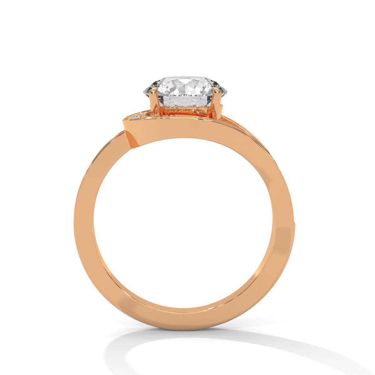Rose gold ring with a diamond on a white background