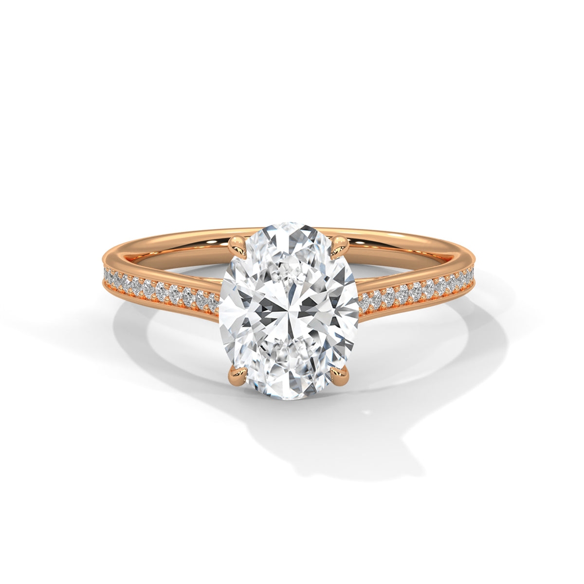Rose gold ring with a large diamond and smaller diamonds on the band against a white background