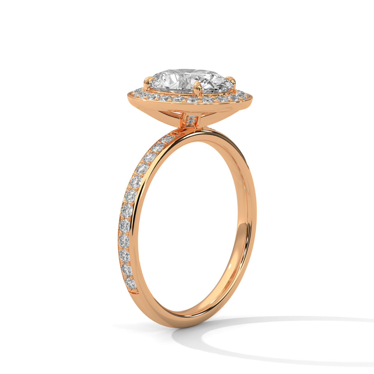 Rose gold ring with diamond accents on a white background