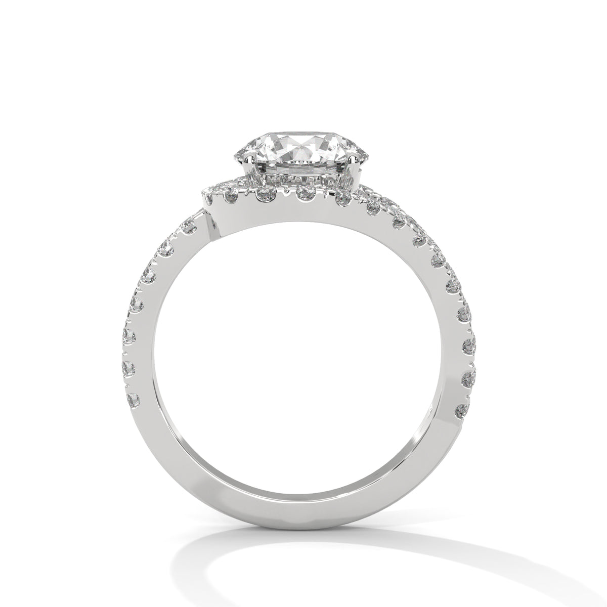 Silver ring with a large central diamond and smaller diamonds on the band against a white background