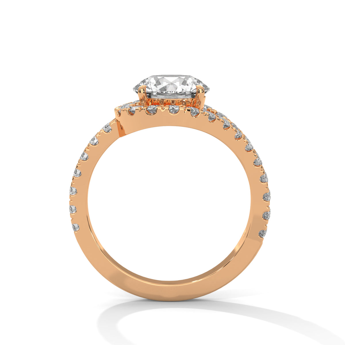 Rose gold ring with a diamond on a white background