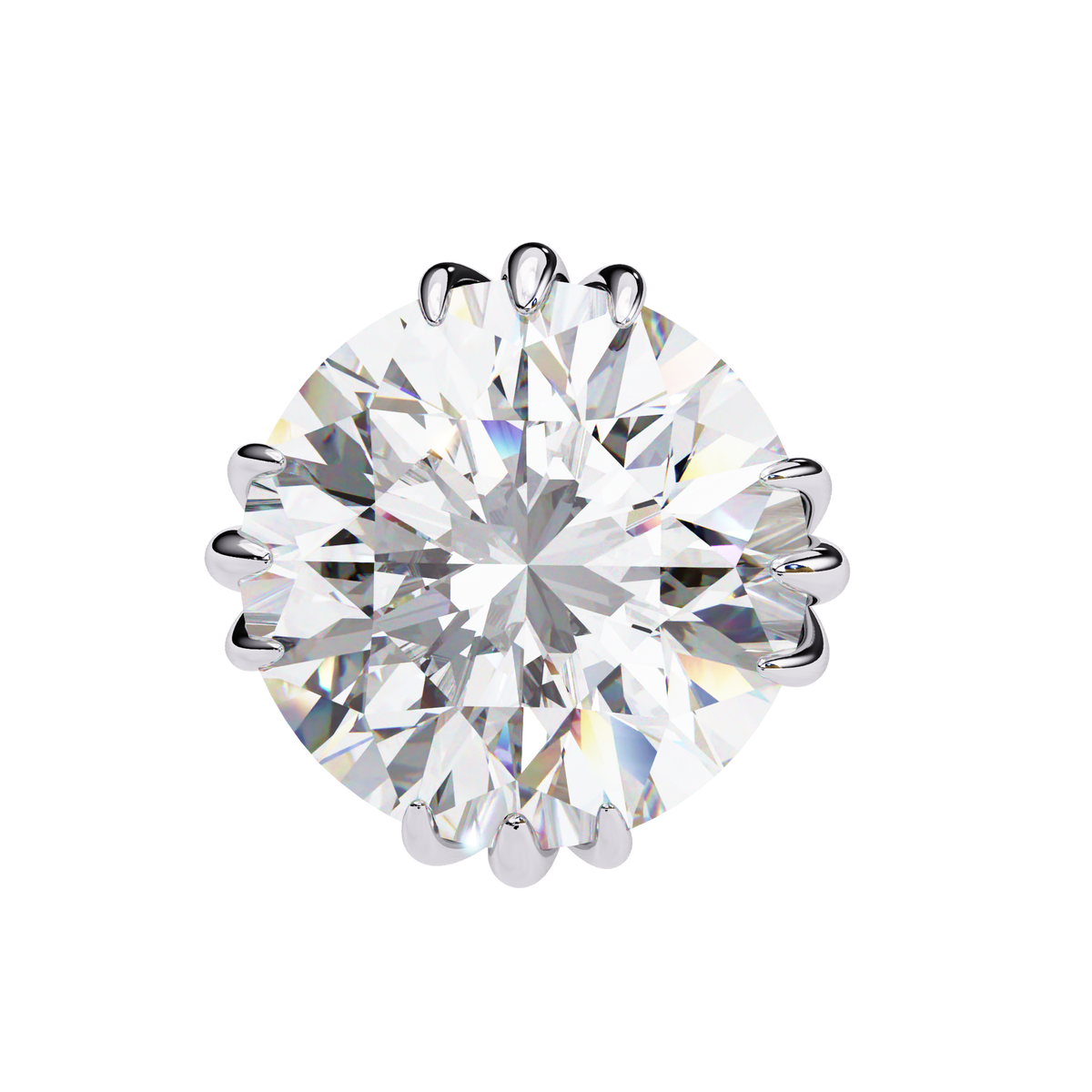 Round diamond with a silver prong setting on a white background