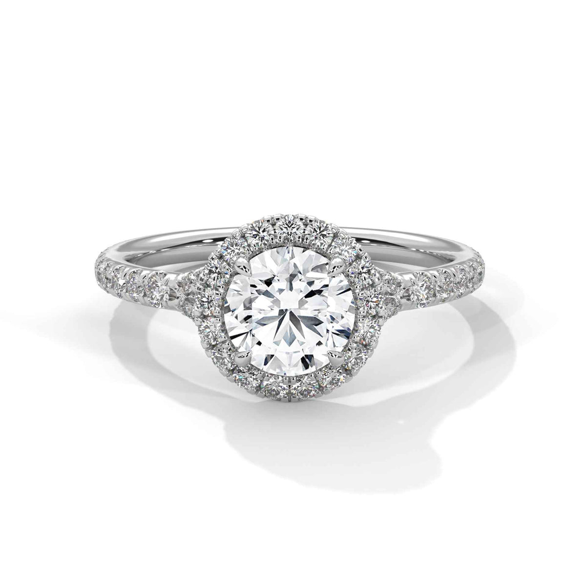 Round Cut Diamond Halo Engagement Ring with Cathedral Pavé