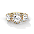 Three Stone Round Lab Grown Diamond Triple Halo Engagement Ring