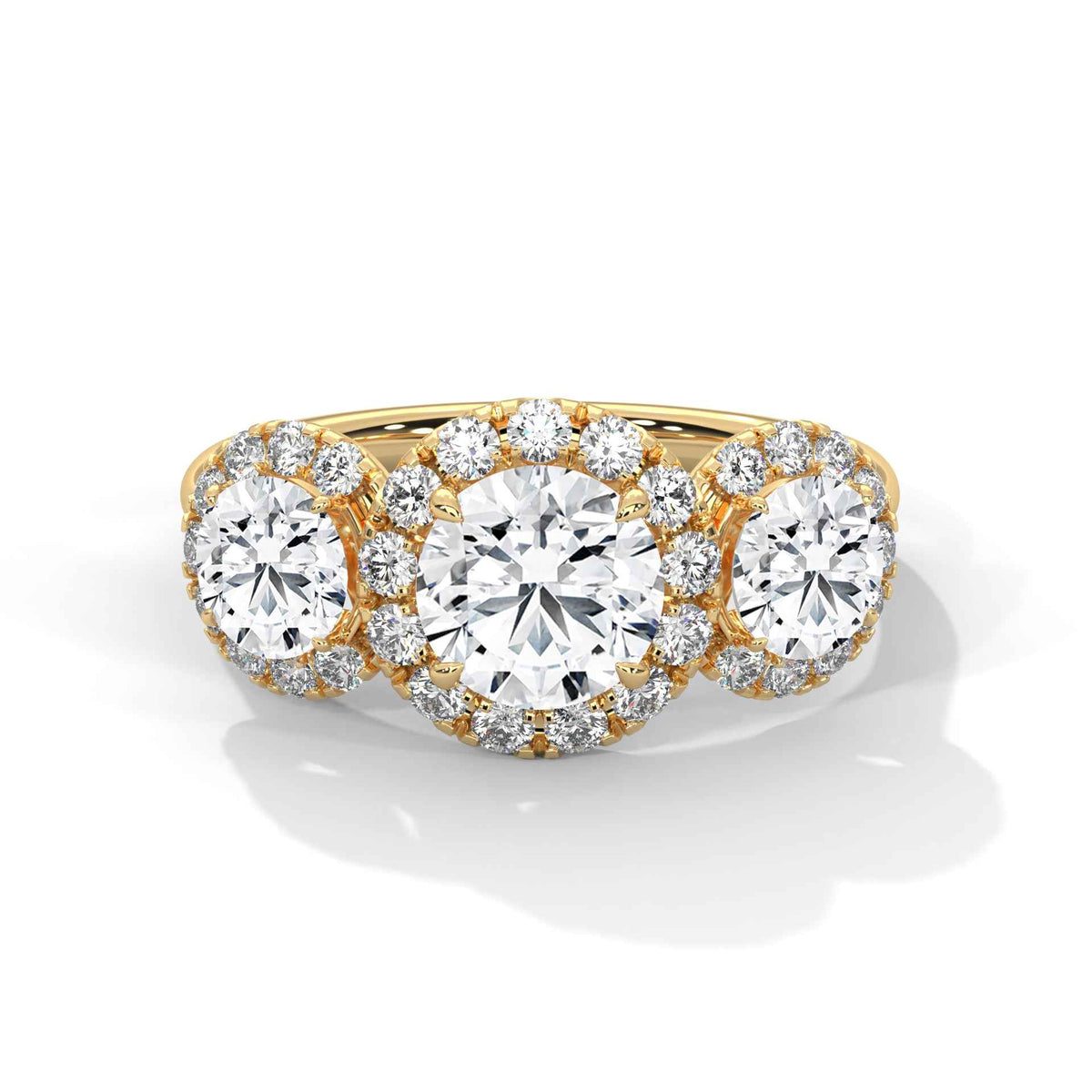 Three Stone Round Lab Grown Diamond Triple Halo Engagement Ring