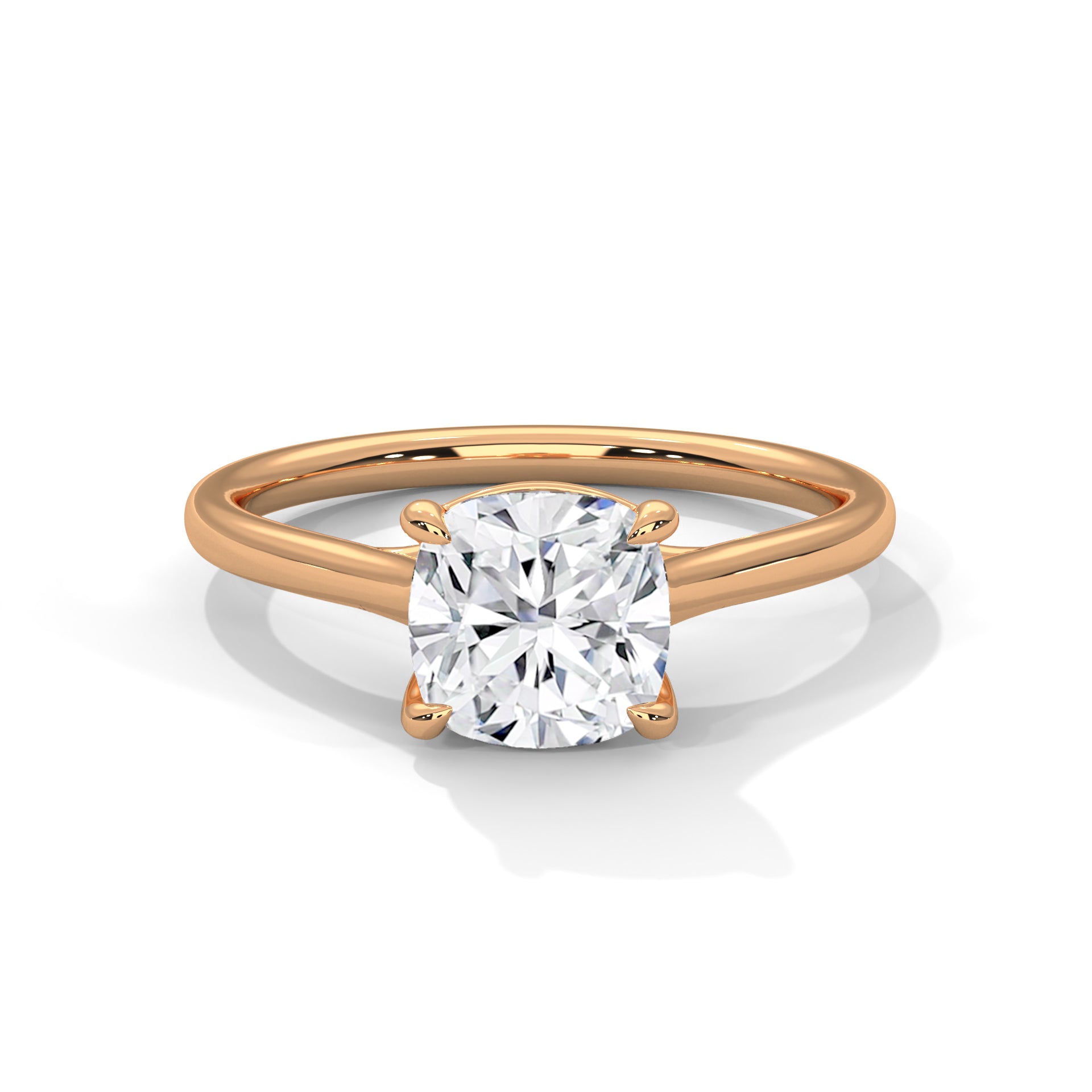 Rose gold ring with a large diamond on a white background