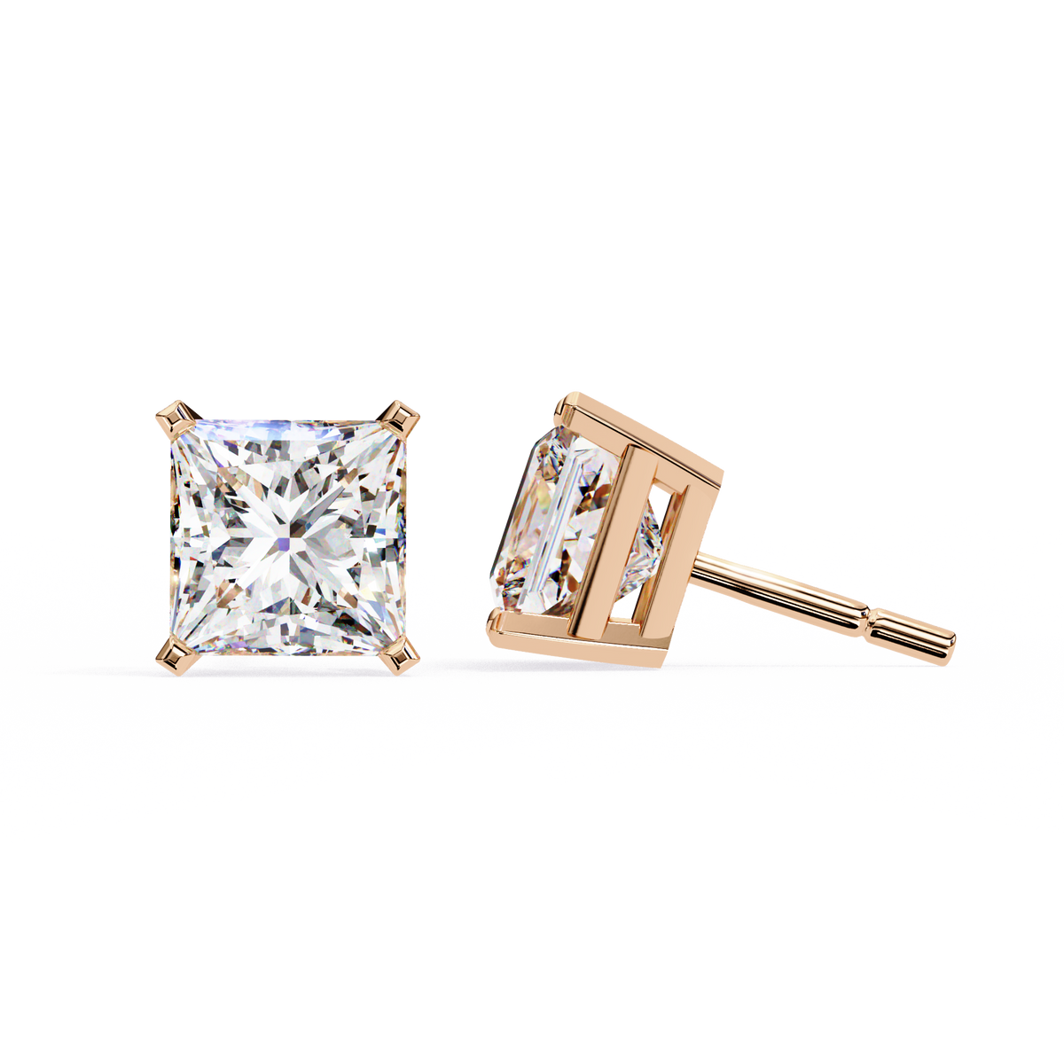 Rose gold diamond stud earrings on a white background