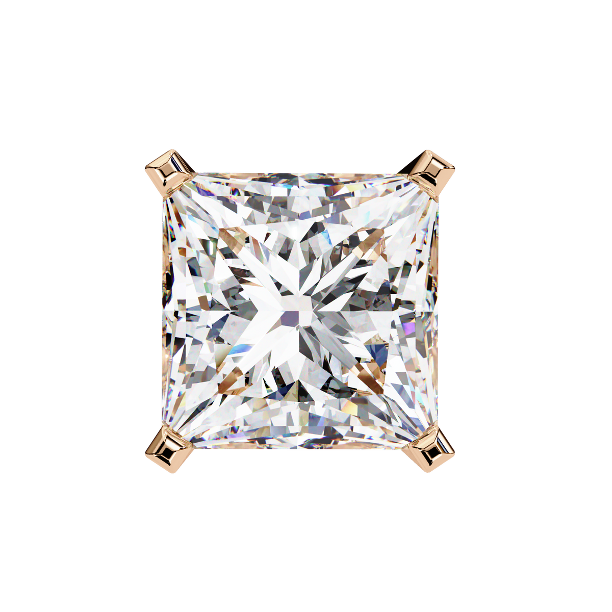 Princess-cut diamond in a rose gold setting on a white background