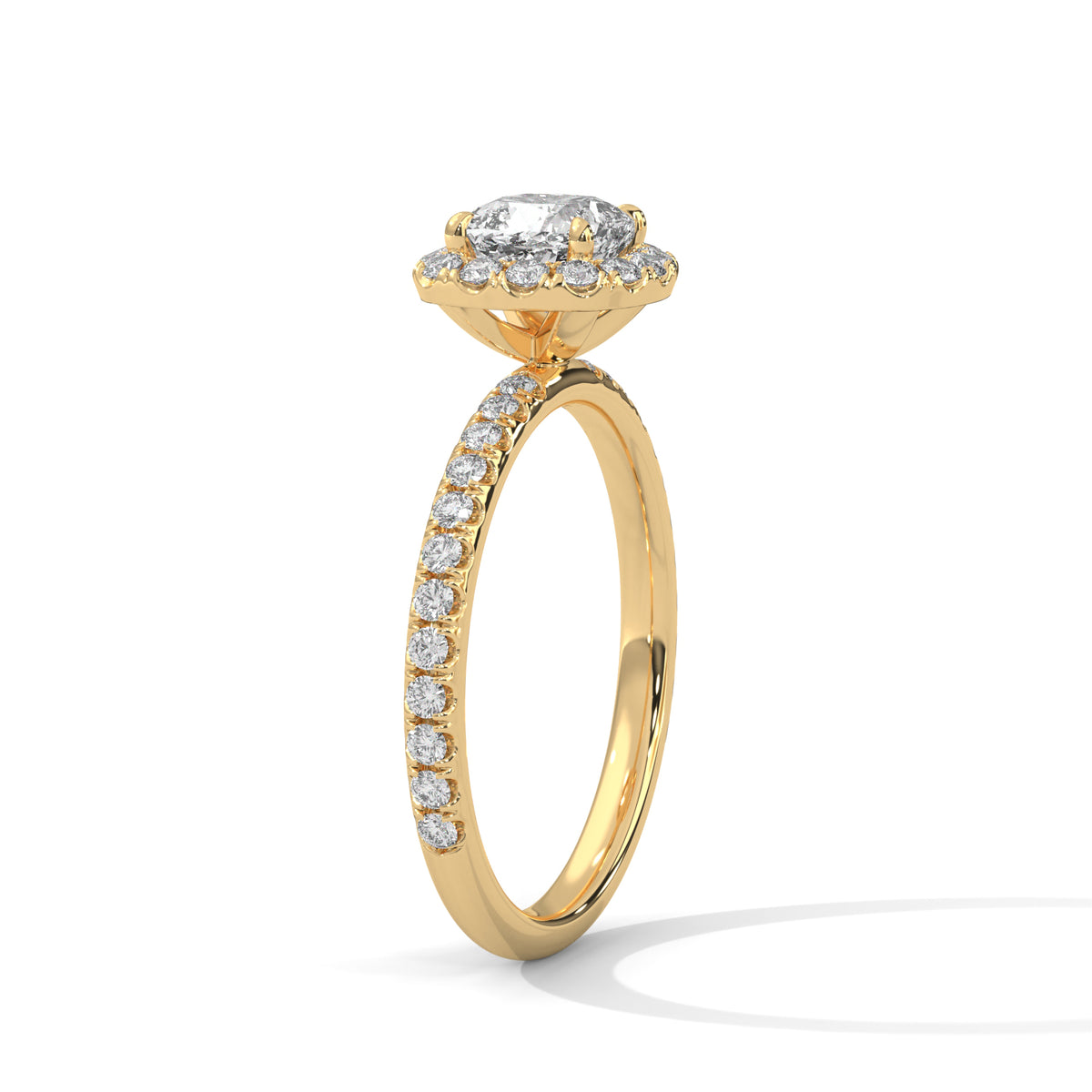 Gold ring with diamond accents on a white background