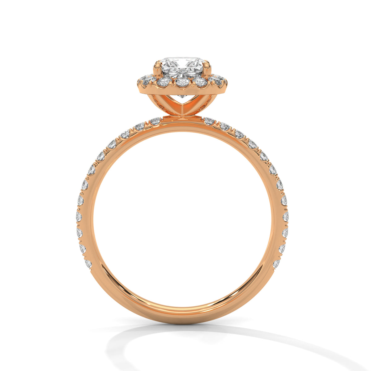 Rose gold ring with diamond accents on a white background