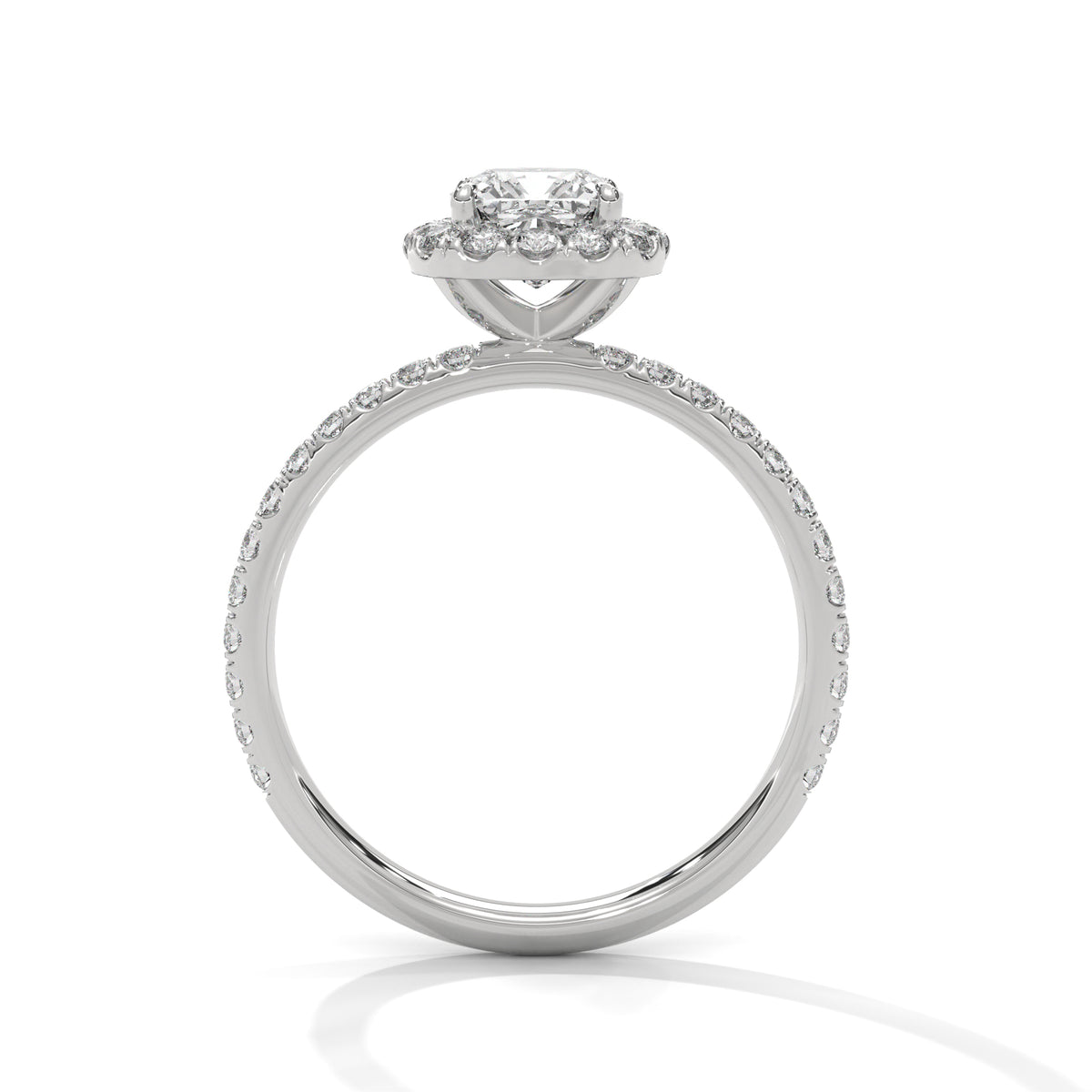 Silver ring with diamond accents on a white background