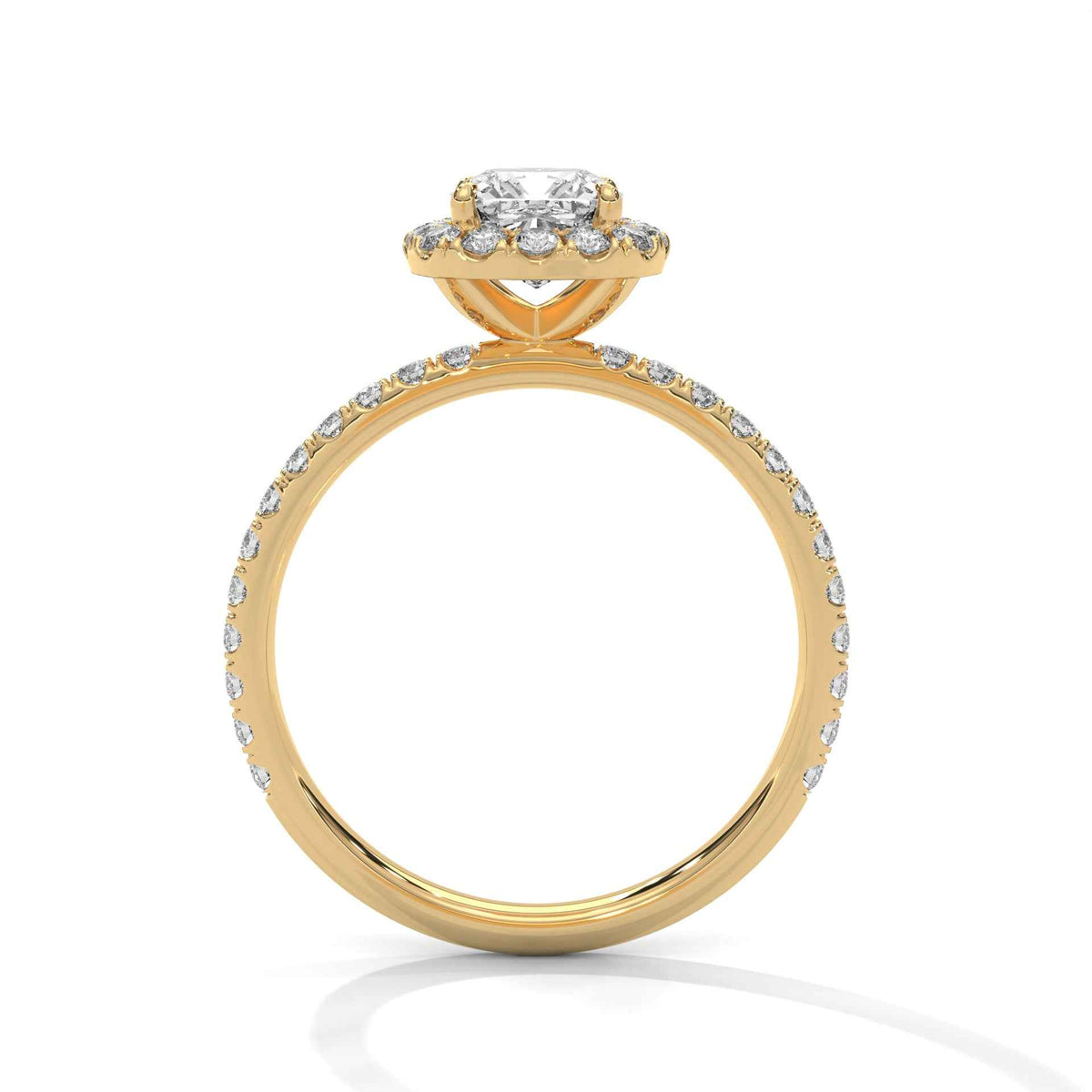 Gold ring with diamond accents on a white background