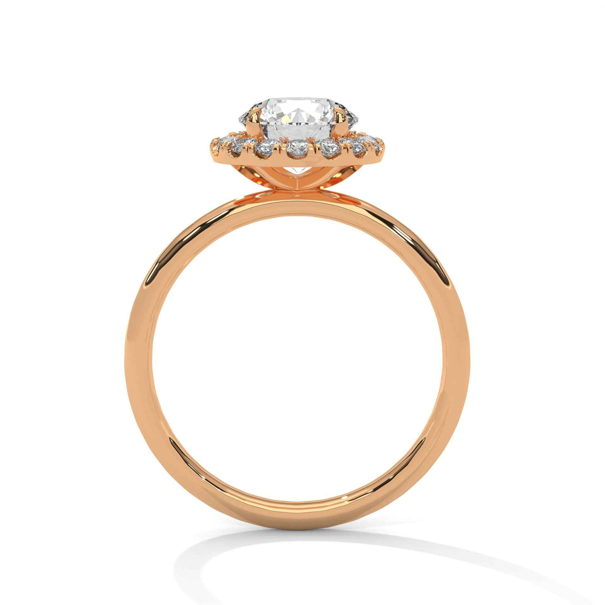 Rose gold ring with a diamond on a white background
