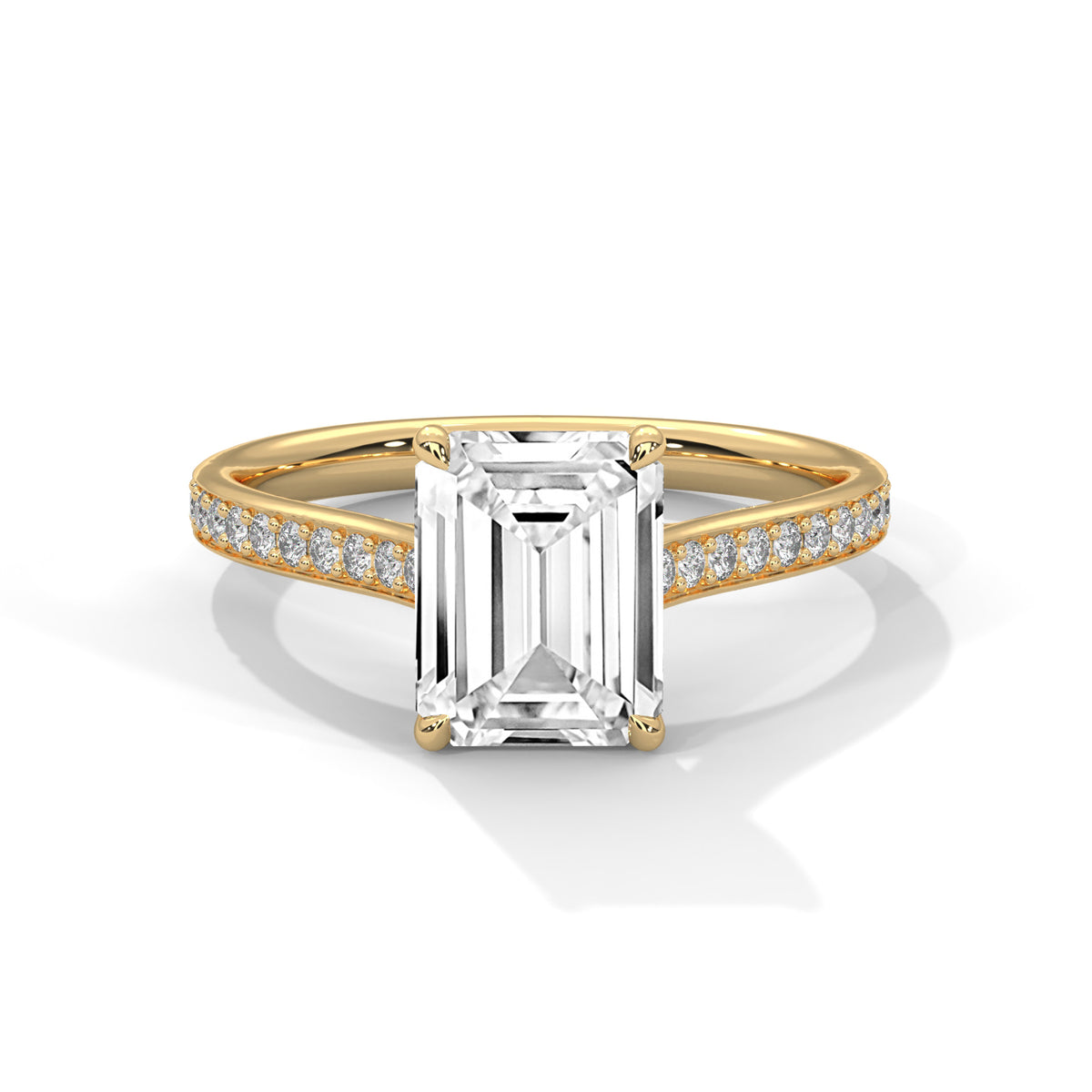 Rose gold ring with a large diamond and smaller diamonds on the band against a white background