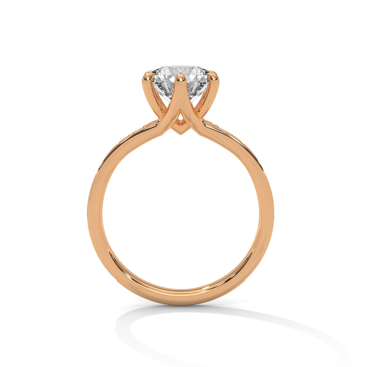 Rose gold ring with a diamond on a white background