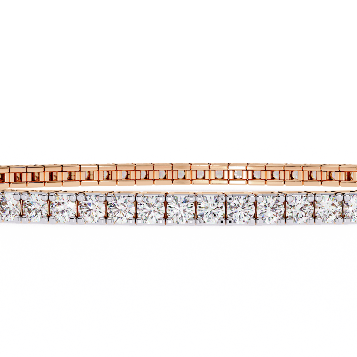 Rose gold and diamond bracelet on a white background