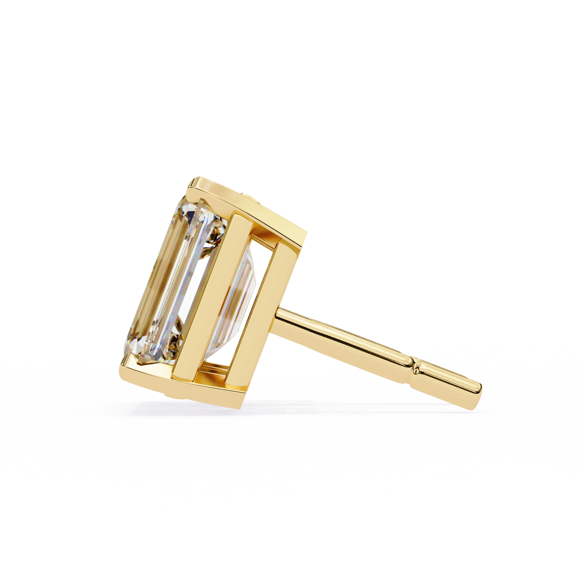 Gold earring with a clear gemstone on a white background