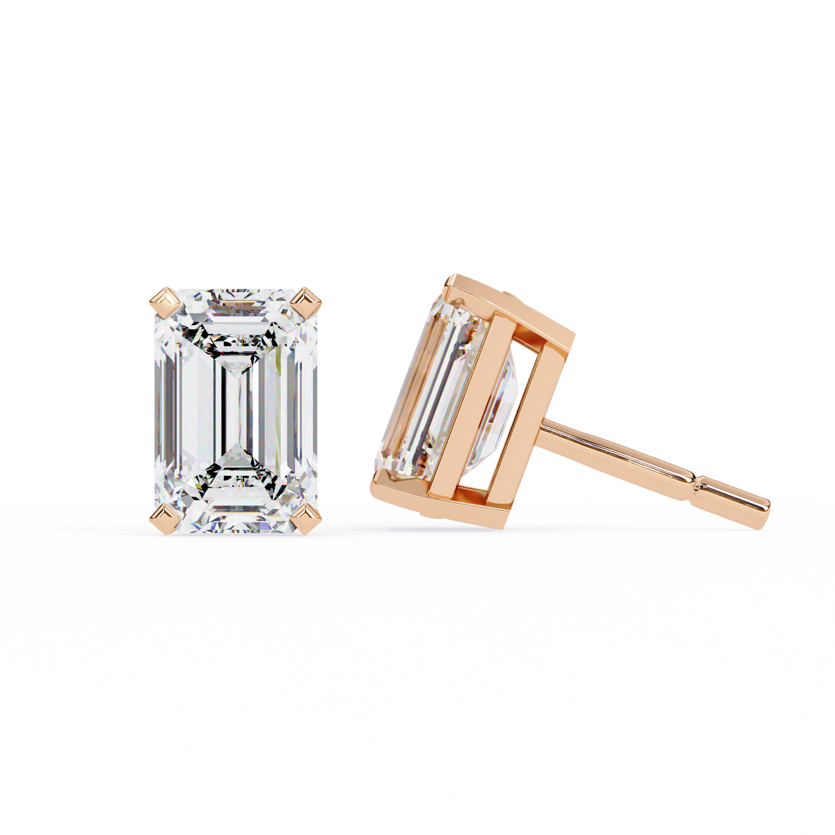 Rose gold emerald-cut diamond stud earrings on a white background
