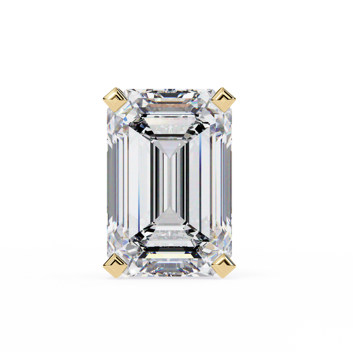 Emerald-cut diamond with gold prongs on a white background