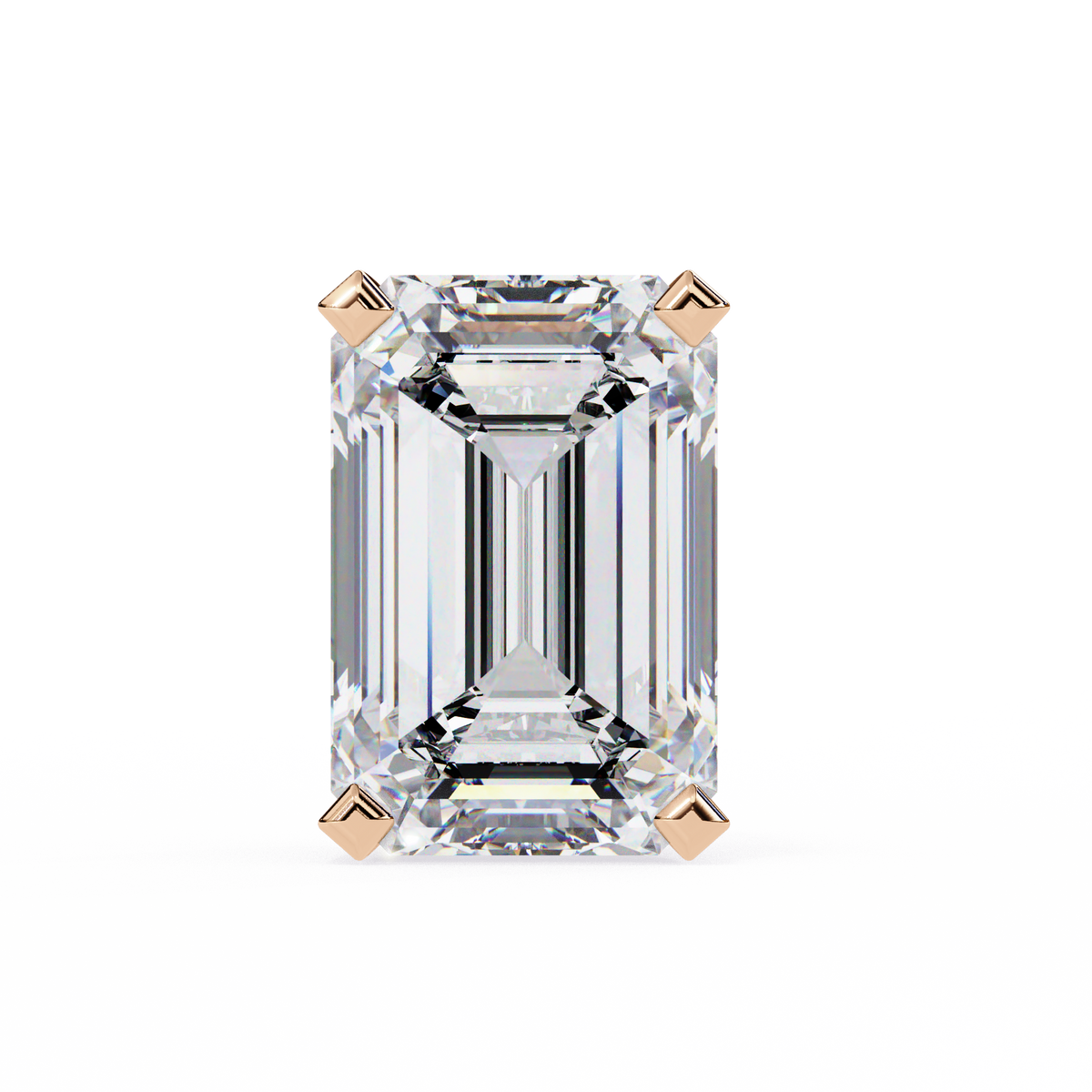 Emerald-cut diamond with rose gold prongs on a white background